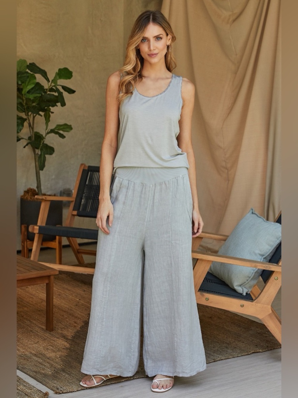 (18931-PRLGRY)  LINEN SEAM STITCH DETAIL WIDE LEG PANTS - Picture 4 of 4
